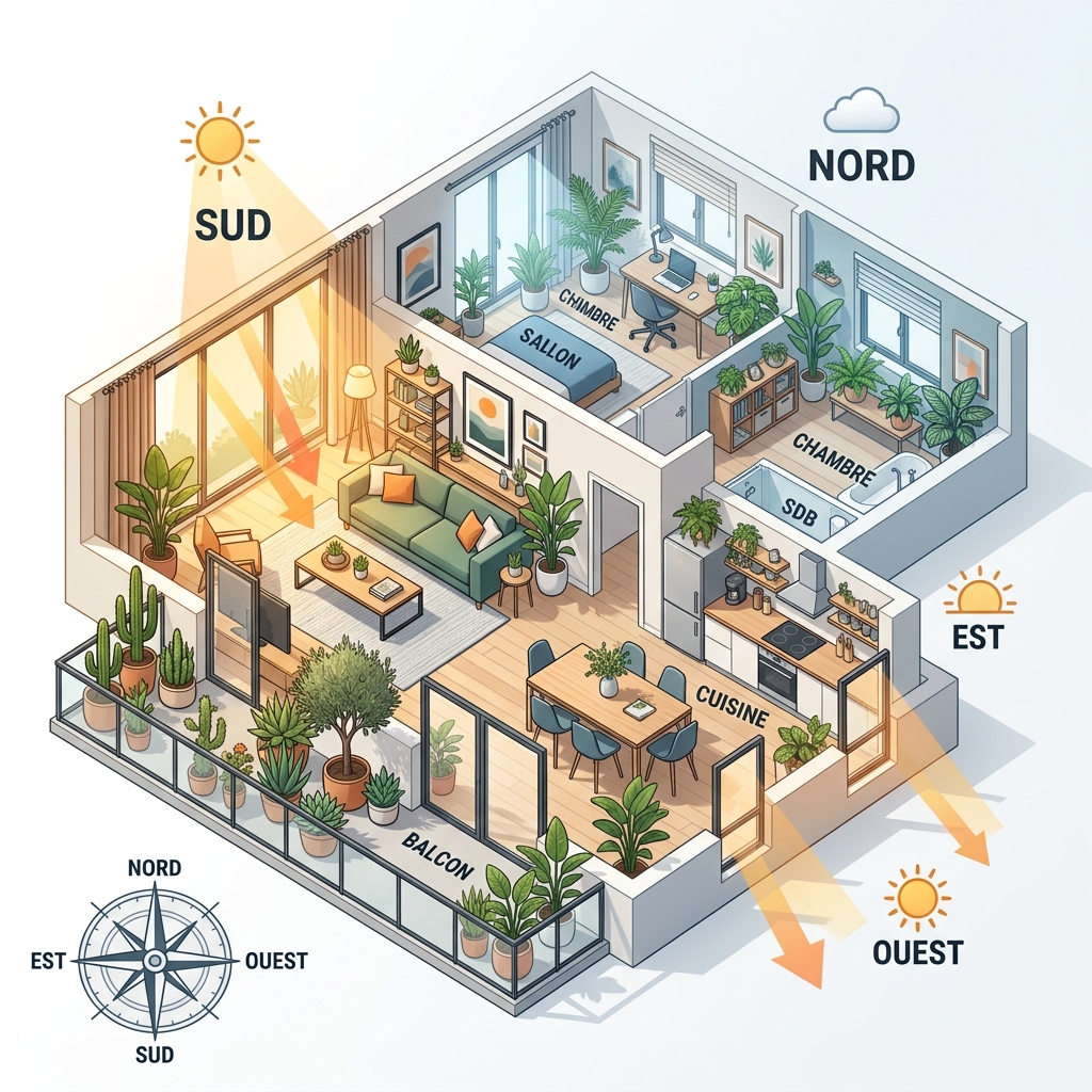 Schéma de l'orientation d'un appartement selon les points cardinaux