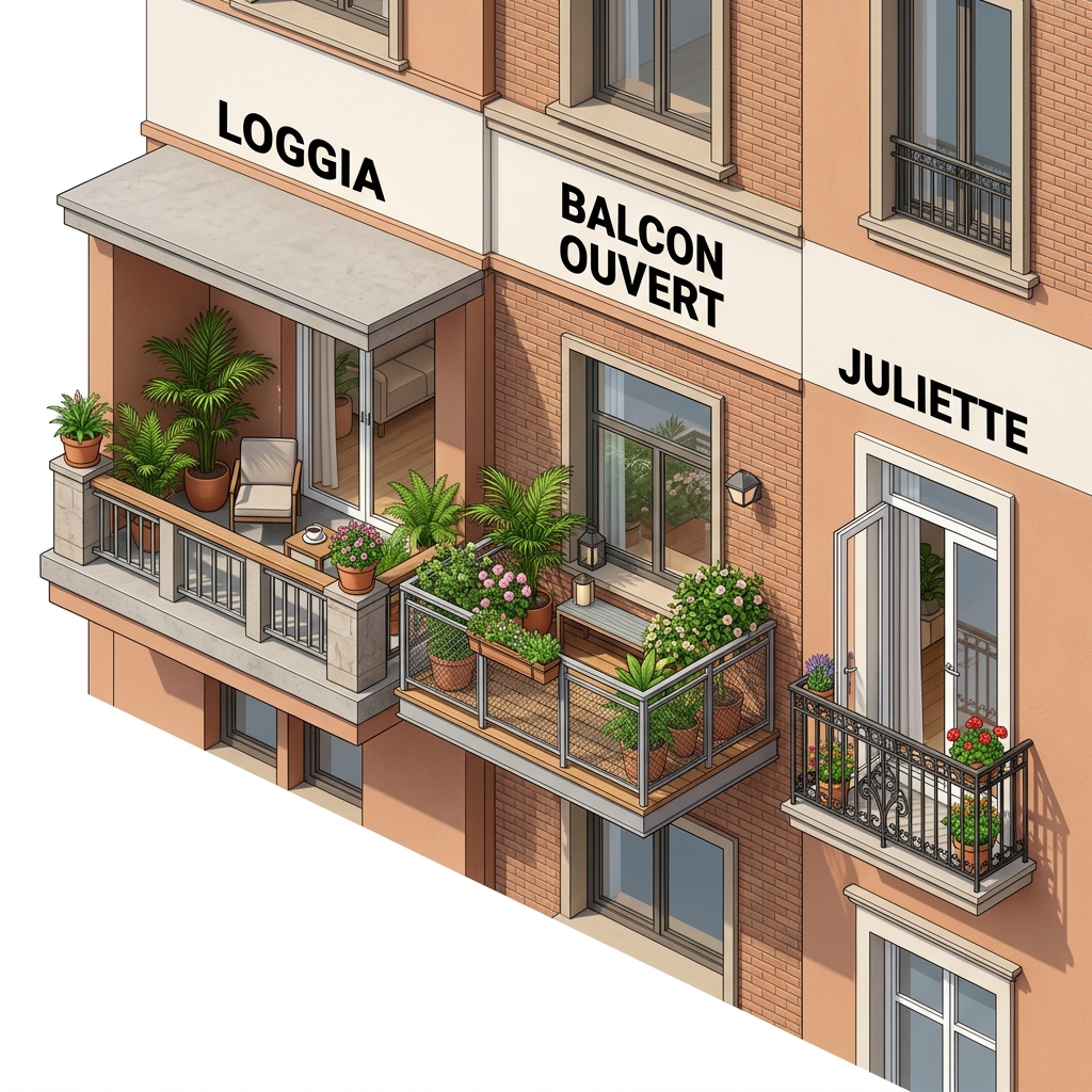 Illustration des 3 types de balcons: Loggia, Ouvert, Juliette