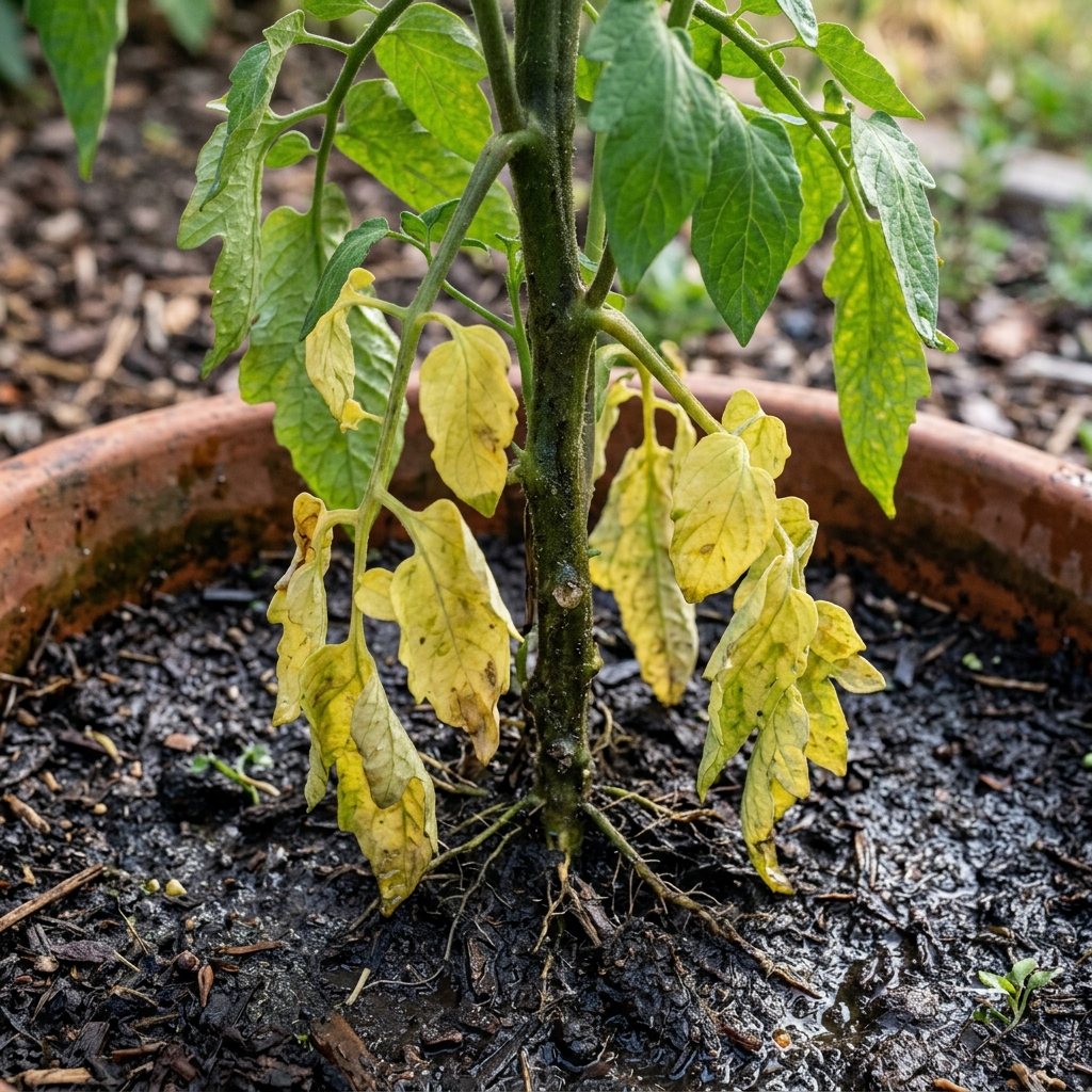 Feuilles jaunes sur plant de tomate