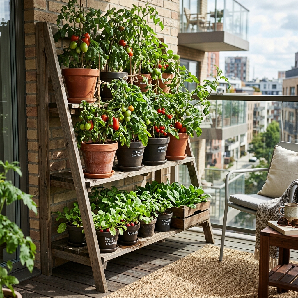 Étagère en bois sur balcon plongeant dans l'ombre les plantations du bas