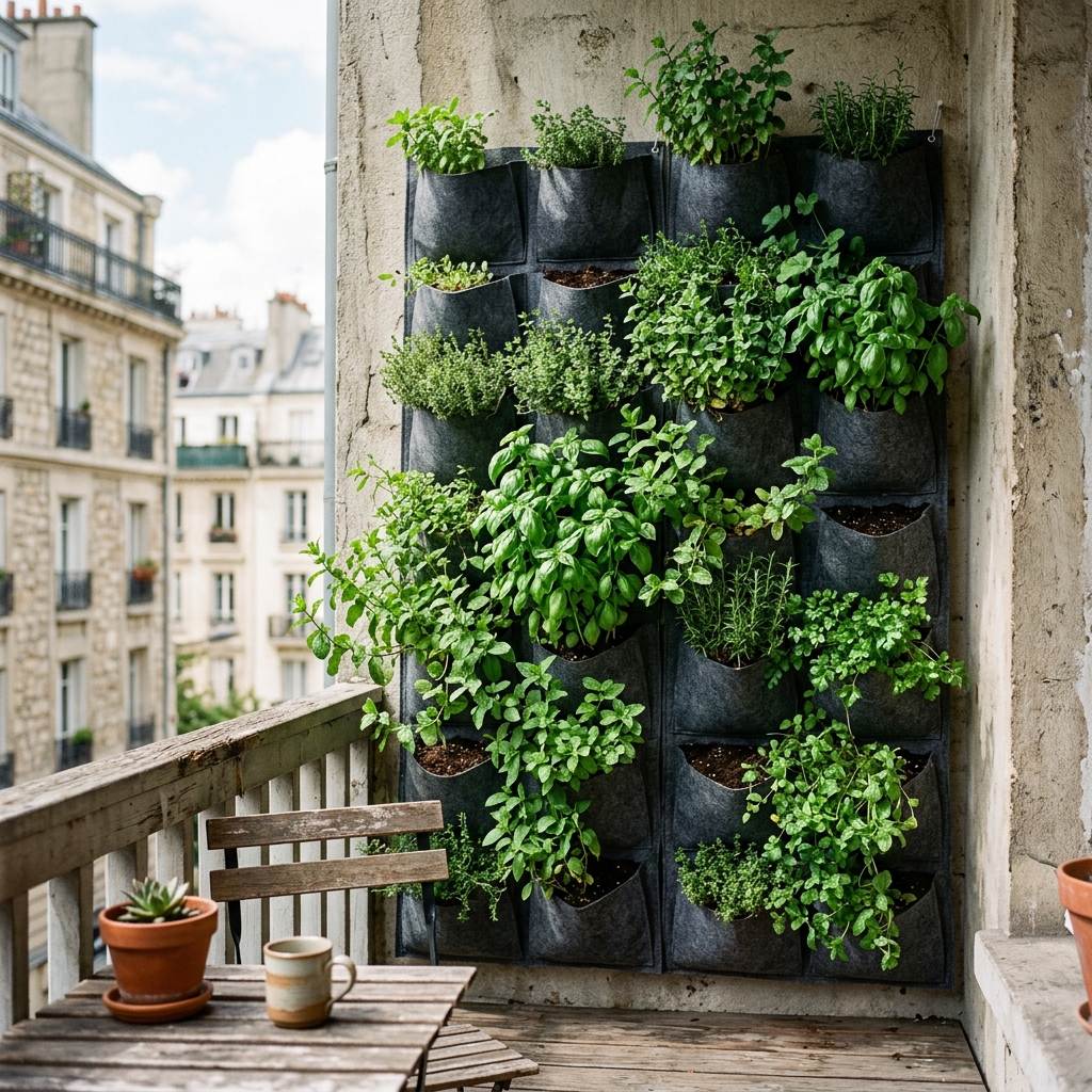 Herbes aromatiques débordantes de poches géotextiles murales