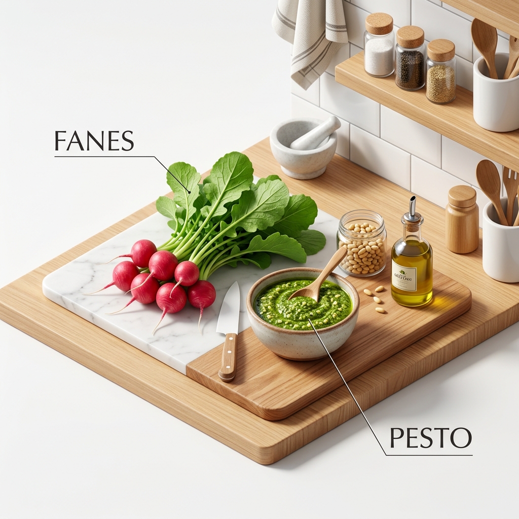 Illustration isométrique montrant des feuilles de radis transformées en pesto vert vif