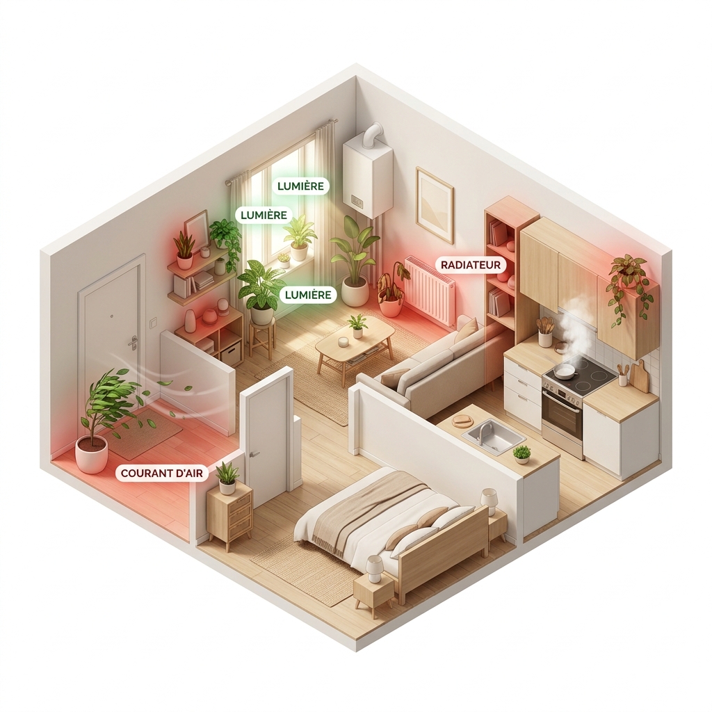 Schéma 3D d'un appartement mettant en avant en rouge les zones à éviter: radiateur thermique et courantes d'air d'une porte d'entrée